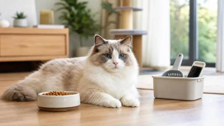 Kucing pedigree Ragdoll dengan pakan dan perlengkapan perawatan di rumah