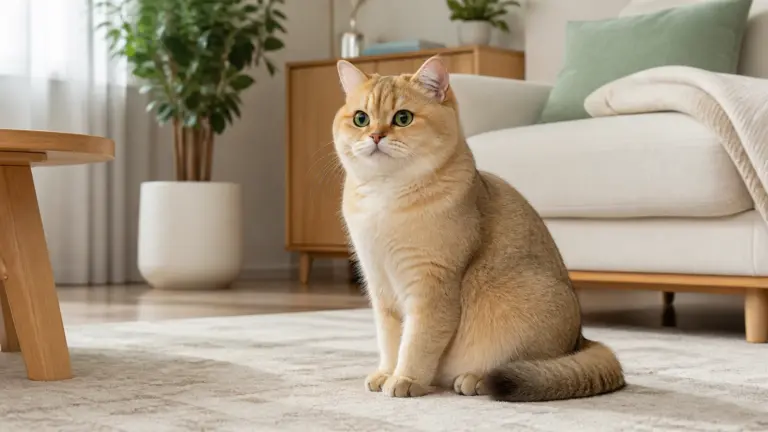 British Shorthair golden shaded bermata hijau di ruang keluarga yang hangat