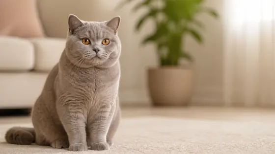 British Shorthair lilac dewasa dengan bulu plush abu-abu hangat dan mata copper