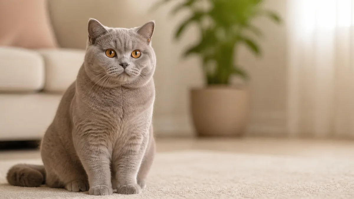 British Shorthair lilac dewasa dengan bulu plush abu-abu hangat dan mata copper