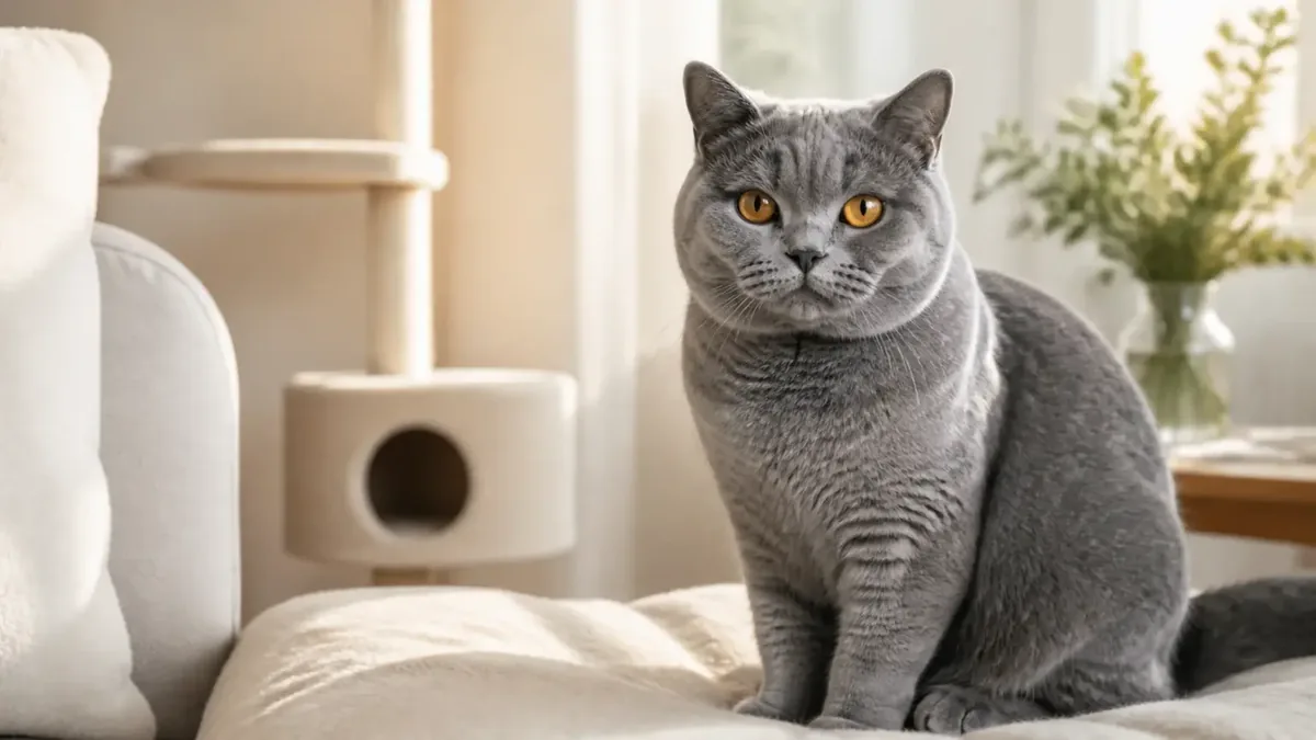 British Shorthair dewasa di ruangan cattery rumah yang rapi dan hangat
