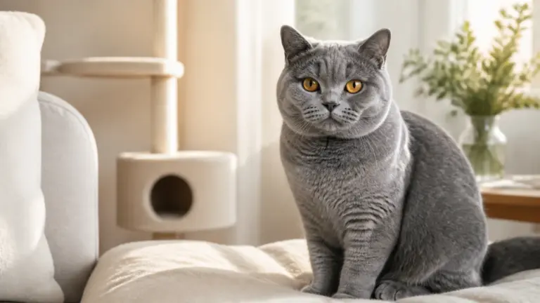 British Shorthair dewasa di ruangan cattery rumah yang rapi dan hangat