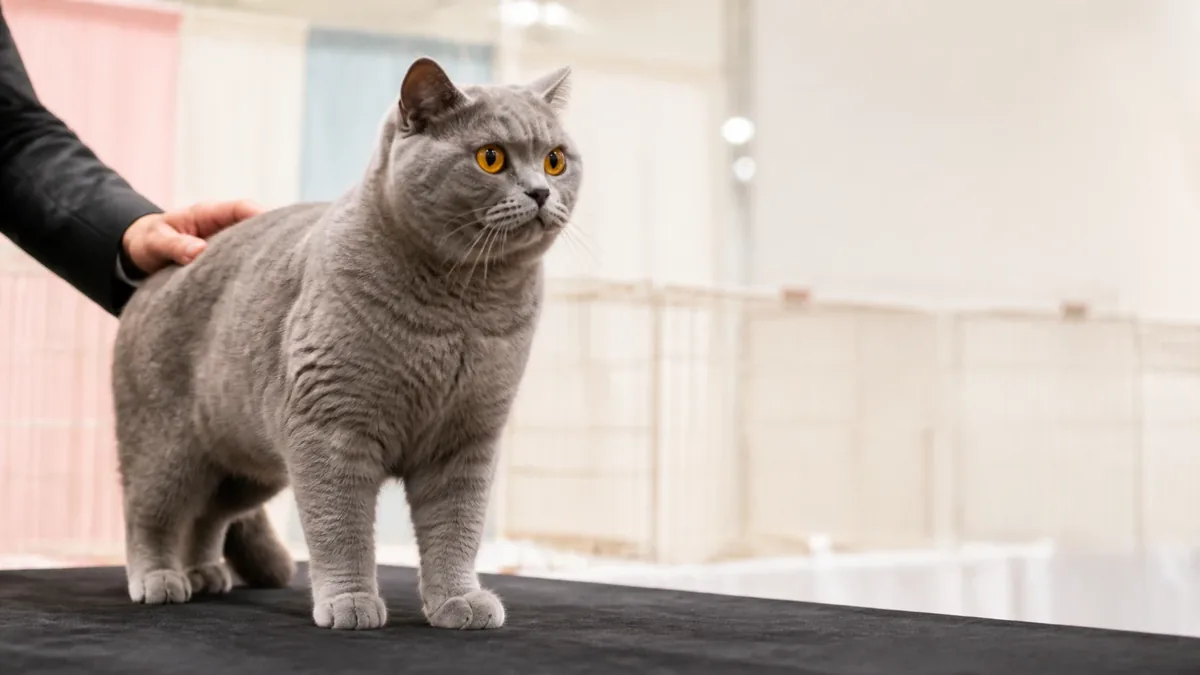 Kucing British Shorthair pedigree di meja penjurian cat show