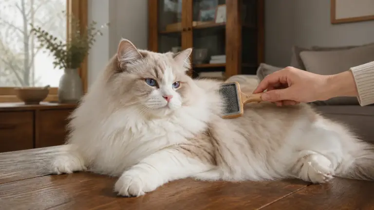 Kucing pedigree bulu panjang disisir lembut di ruang keluarga hangat