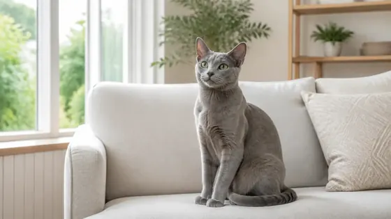 Kucing bulu pendek abu-abu duduk di sofa ruang keluarga yang terang dan bersih