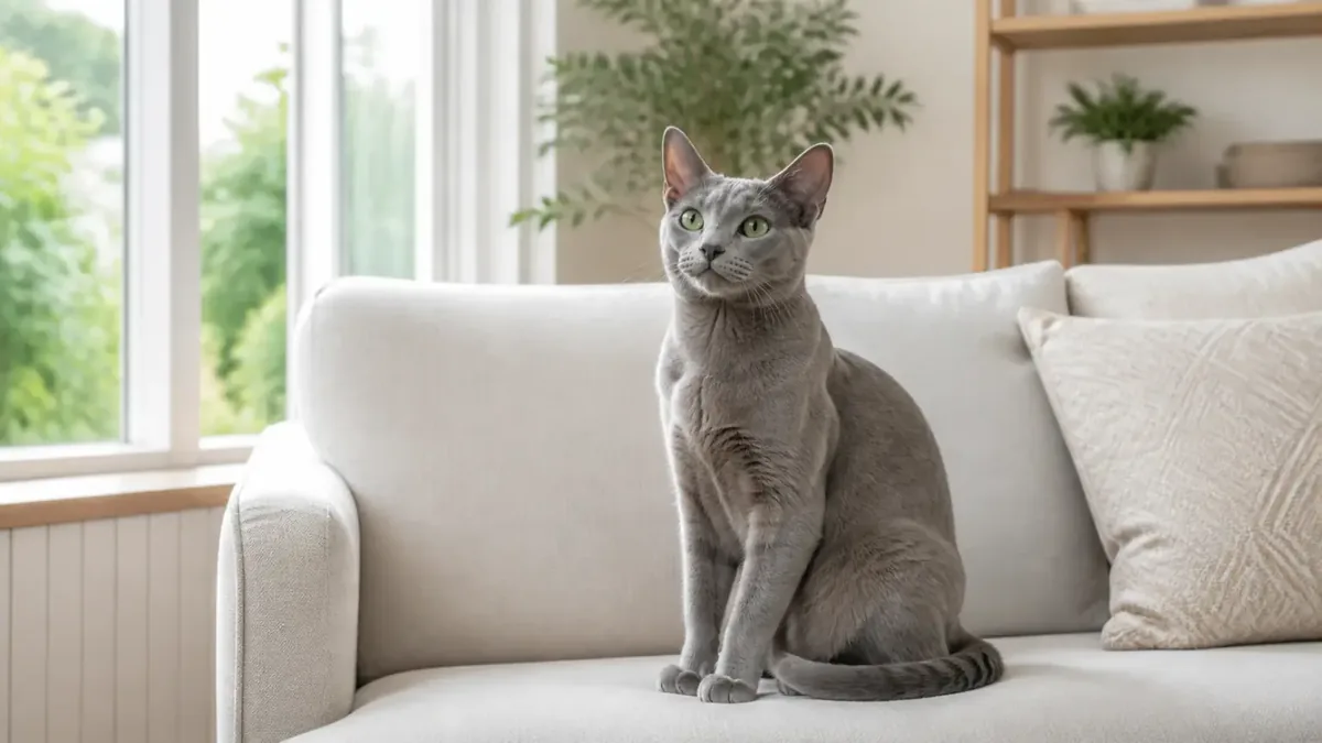 Kucing bulu pendek abu-abu duduk di sofa ruang keluarga yang terang dan bersih