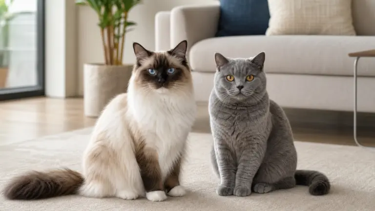 Ragdoll dan British Shorthair duduk bersama di ruang keluarga yang hangat
