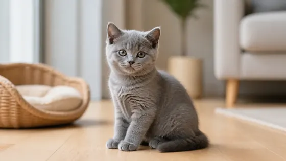 Kitten British Shorthair abu-abu usia sekitar tiga bulan di ruang keluarga hangat