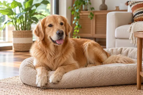 Anjing Golden Retriever betina berbaring tenang di kasur anjing di ruang keluarga yang terang