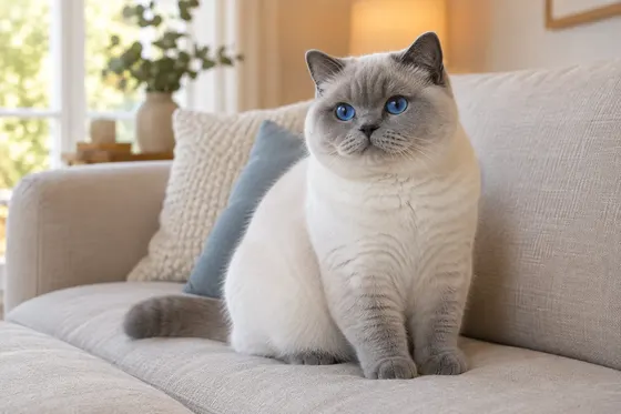 Kucing British Shorthair colorpoint blue point bermata biru duduk di sofa linen terang