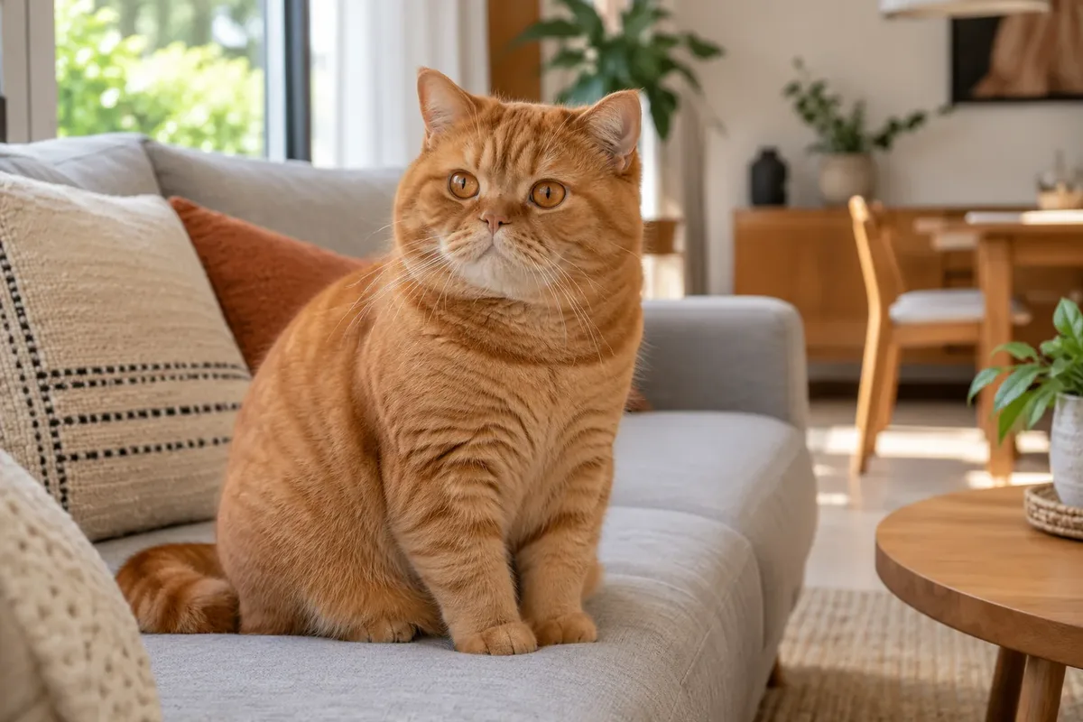 British Shorthair orange bermata copper duduk di sofa abu-abu ruang keluarga yang hangat