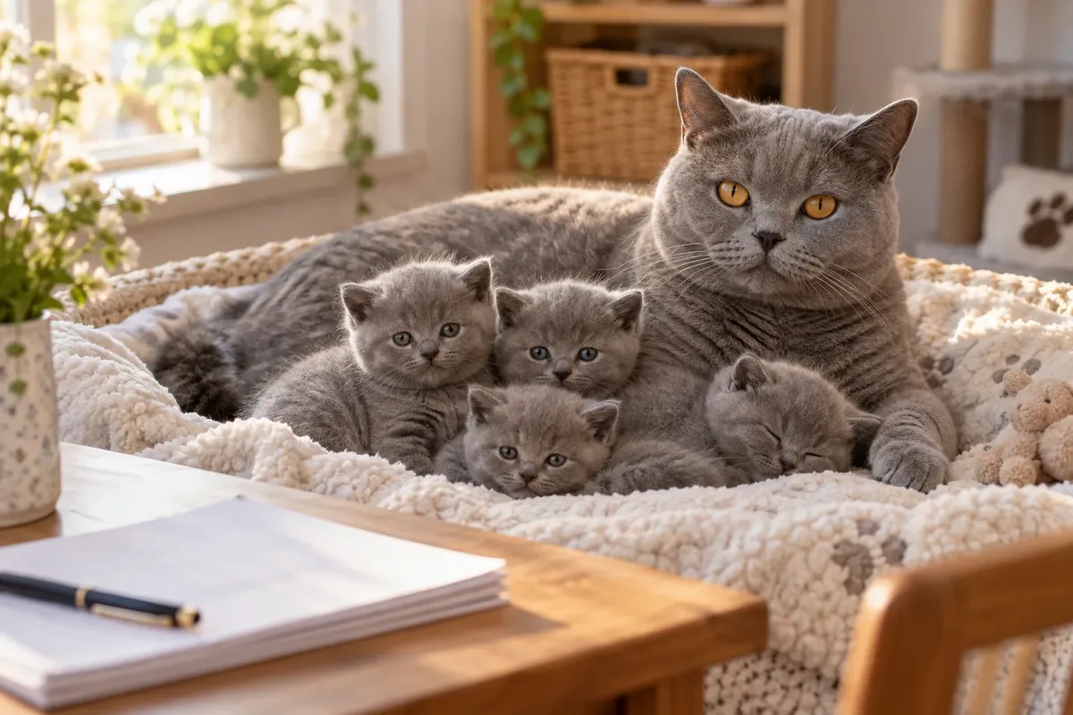 Induk kucing British Shorthair biru bersama empat kitten di tempat tidur, dengan berkas formulir dan pena di meja depan