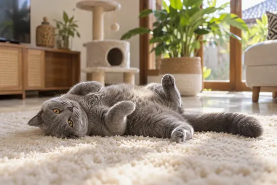 Kucing betina British Shorthair abu-abu berguling di karpet ruang tamu, salah satu tingkah khas kucing birahi