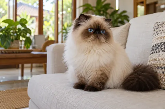 Kucing Persia Himalaya seal point bermata biru duduk di sofa linen terang di ruang keluarga