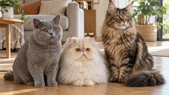 Tiga kucing ras berbeda, British Shorthair blue, Persia cream, dan Maine Coon tabby, duduk di lantai kayu ruang keluarga