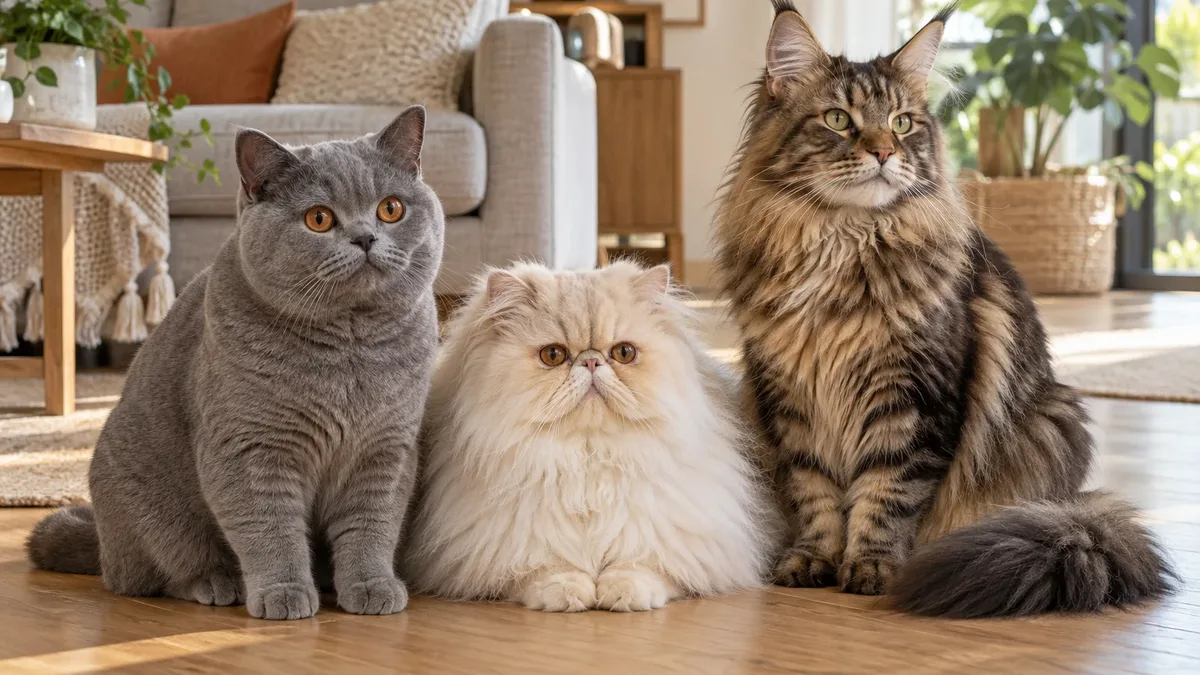 Tiga kucing ras berbeda, British Shorthair blue, Persia cream, dan Maine Coon tabby, duduk di lantai kayu ruang keluarga