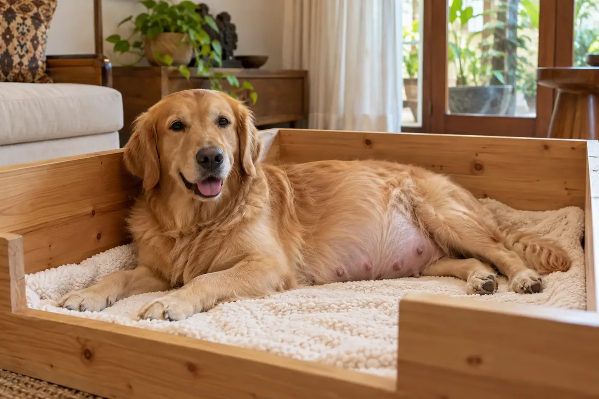 Induk Golden Retriever hamil berbaring di kotak lahir kayu beralas selimut krem di ruang keluarga