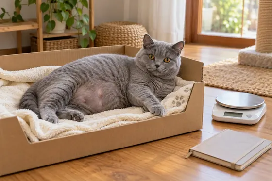 Induk kucing British Shorthair biru yang sedang hamil berbaring di kotak lahir beralas handuk, dengan timbangan dan buku catatan di lantai