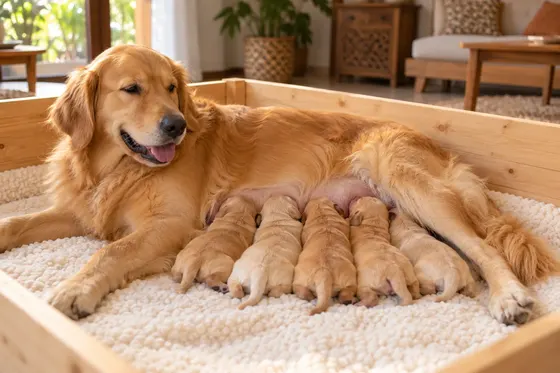 Induk Golden Retriever menyusui lima anak anjing baru lahir di whelping box kayu beralas lembut