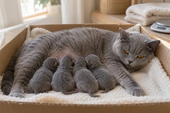 Induk kucing British Shorthair biru menyusui empat anak kucing baru lahir di kotak sarang beralas fleece