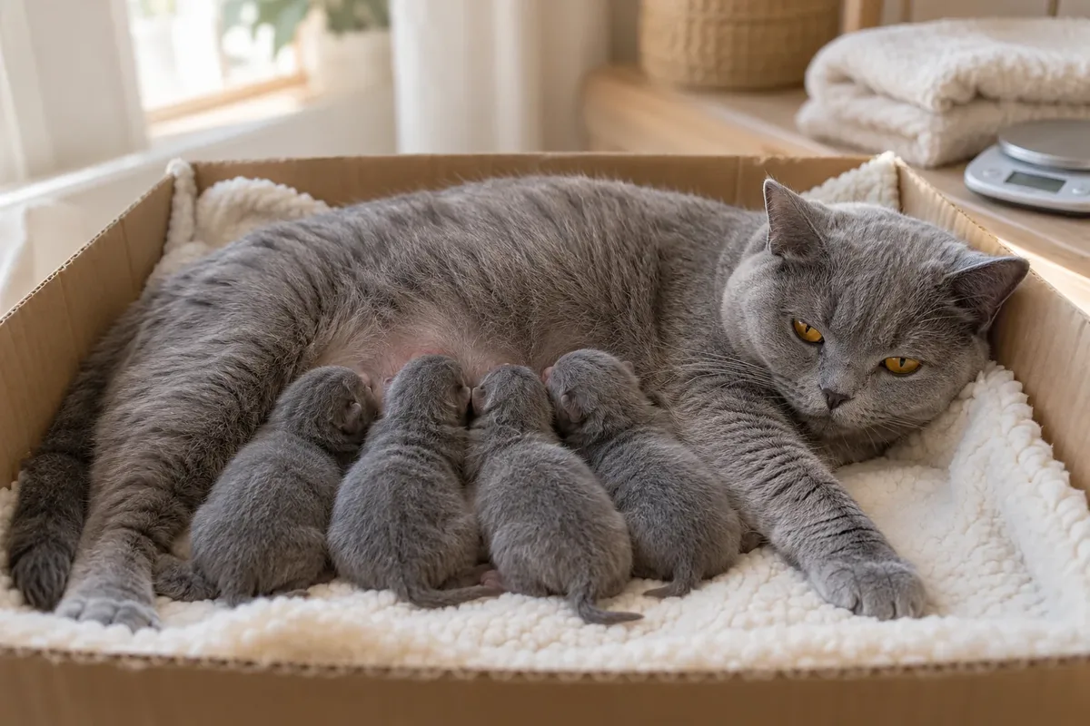 Induk kucing British Shorthair biru menyusui empat anak kucing baru lahir di kotak sarang beralas fleece