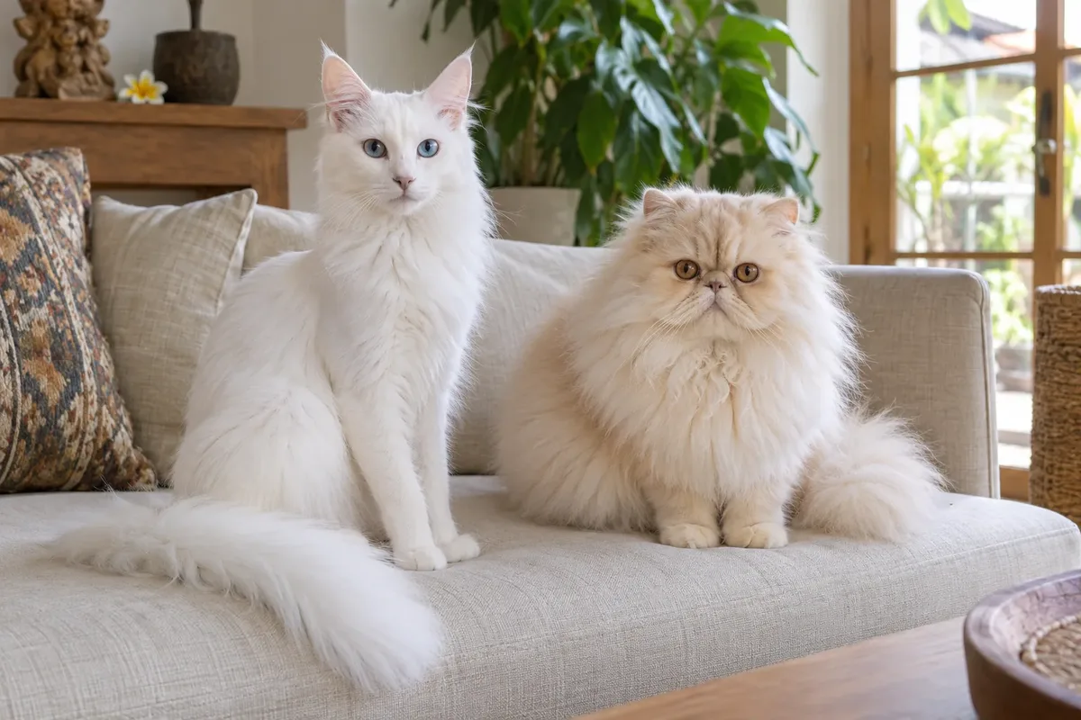 Kucing Turkish Angora putih dan kucing Persia krem duduk berdampingan di sofa
