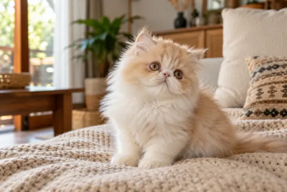 Anak kucing Persia cream putih berbulu kapas duduk di selimut rajut ruang keluarga yang hangat