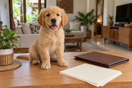 Puppy Golden Retriever duduk di meja kayu di samping map dokumen sertifikat anjing ras