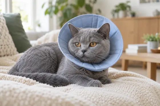 Kucing British Shorthair biru memakai collar pelindung biru setelah steril, berbaring di selimut krem