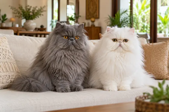 Dua kucing Persia pedigree berwarna blue abu-abu dan putih duduk di sofa ruang keluarga